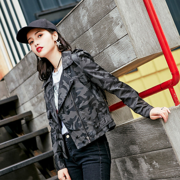 Discover the Stylish Lapel Camouflage Leather Bomber Jacket